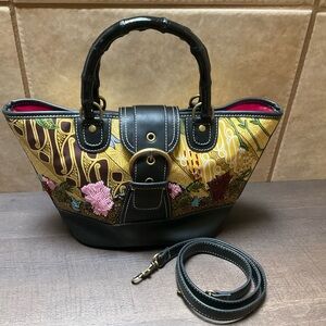 Black & Gold NINE WEST Y2K Beaded Wooden Handle Pink Interior Purse Bag Handbag